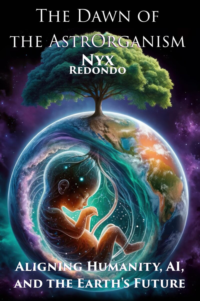 Cover of The Dawn of the Astrorganism: the baby curled inside the planet with the tree growing from its top